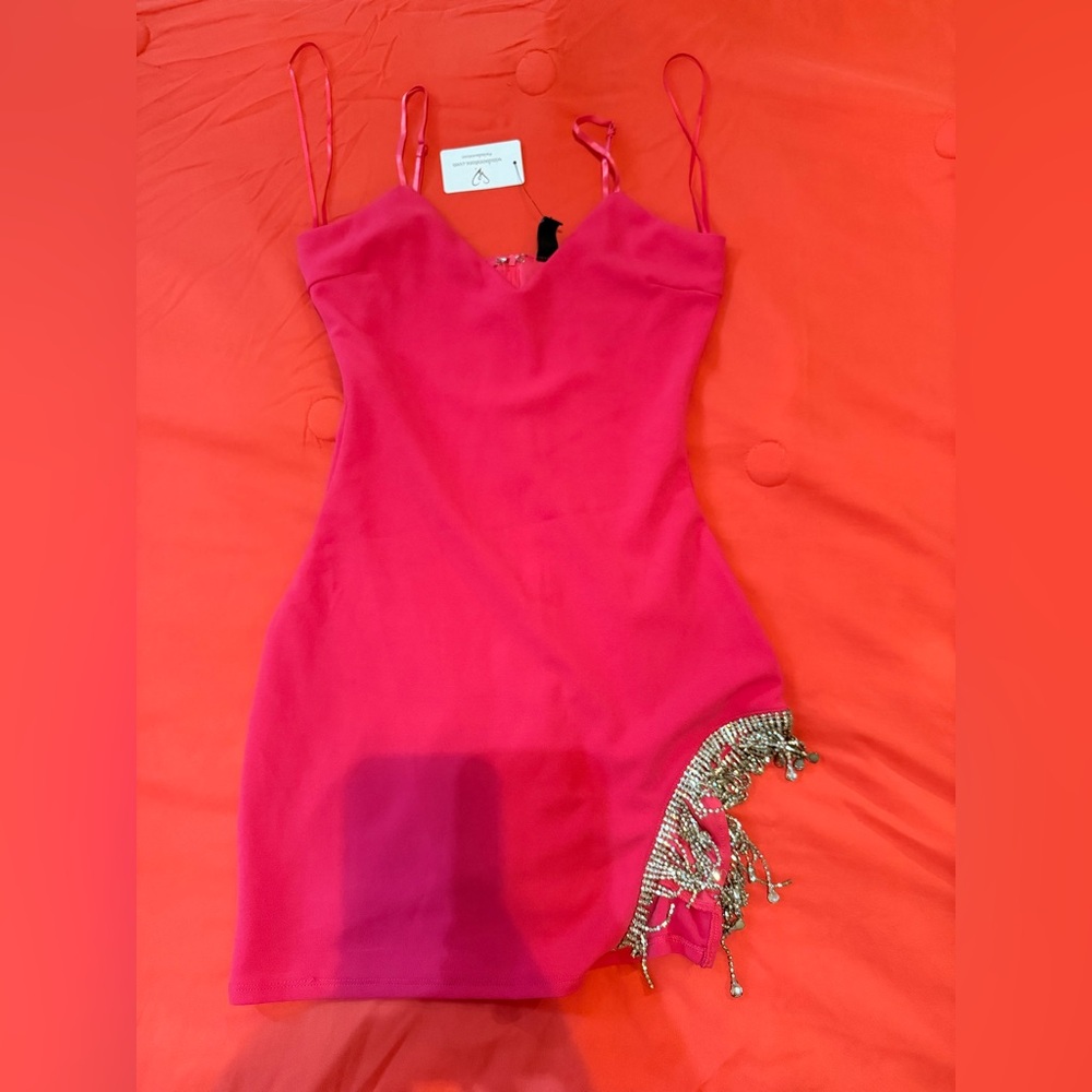 Windsor Hot Pink Backless Dress with Rhinestone Fringe - Picture 4 of 6